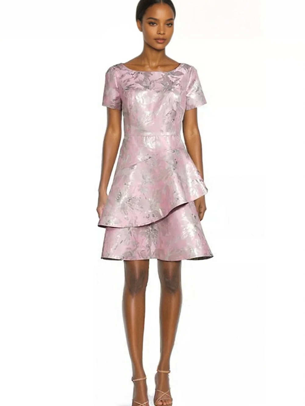 NWT Shani Asymmetric Tiered Jacquard Dress in Dusty Pink